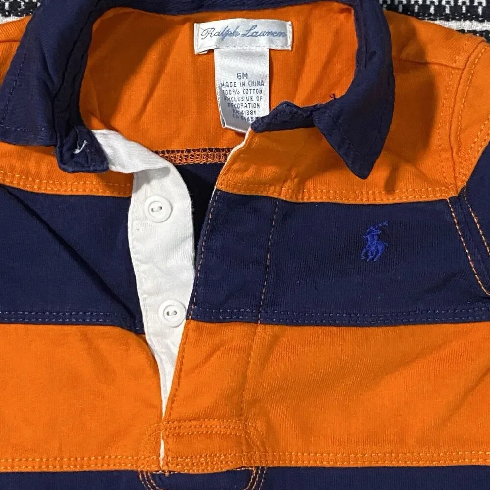 RALPH LAUREN Baby Boy 6 Months Orange Blue Striped Cotton Rugby Coverall Romper